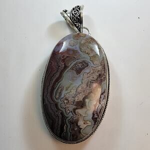 Handmade Necklace Pendants Crazy Lace Agate in Sterling Silver Scrollwork Bezel